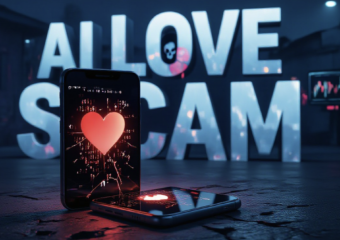 A viral, hyper-realistic YouTube thumbnail with a dark cyber-crime atmosphere. The background is a dimly lit scam compound at night with glowing computer screens showing dating app chats and crypto charts, subtle Southeast Asian compound details in shadows. The composition uses a dramatic low-angle shot to focus on the main subject: a cracked smartphone lying on dark concrete, screen displaying a loving heart emoji message that is glitching into binary code and skull symbols. The image features massive 3D typography with strict hierarchy: The Primary Text reads exactly: 'AI LOVE SCAM'. This text is massive, the largest element in the frame, rendered in glowing red neon chrome with digital distortion effects like a high-budget cyberpunk render. The Secondary Text reads exactly: 'Stealing Hearts & Millions'. This text is significantly smaller, positioned below the main text with a thick white sticker-style outline and subtle paper texture to contrast against the dark background. The text materials correspond to the story's concept. Crucial Instruction: There is absolutely NO other text, numbers, watermarks, or subtitles in this image other than these two specific lines. 8k, Unreal Engine 5, cinematic render.