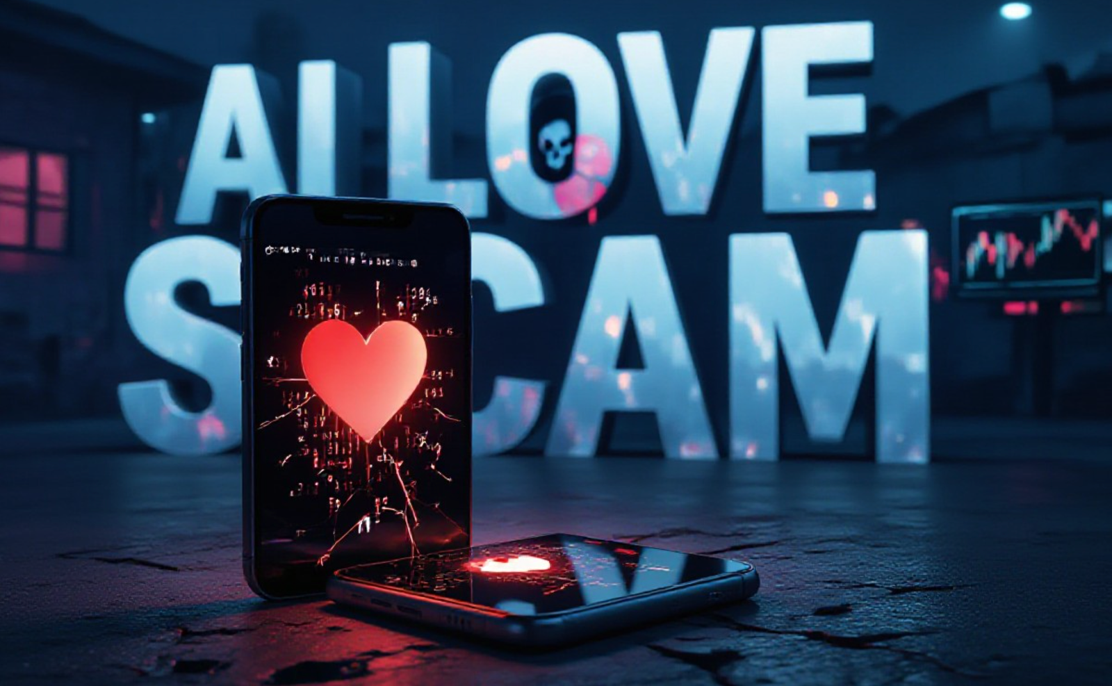A viral, hyper-realistic YouTube thumbnail with a dark cyber-crime atmosphere. The background is a dimly lit scam compound at night with glowing computer screens showing dating app chats and crypto charts, subtle Southeast Asian compound details in shadows. The composition uses a dramatic low-angle shot to focus on the main subject: a cracked smartphone lying on dark concrete, screen displaying a loving heart emoji message that is glitching into binary code and skull symbols. The image features massive 3D typography with strict hierarchy: The Primary Text reads exactly: 'AI LOVE SCAM'. This text is massive, the largest element in the frame, rendered in glowing red neon chrome with digital distortion effects like a high-budget cyberpunk render. The Secondary Text reads exactly: 'Stealing Hearts & Millions'. This text is significantly smaller, positioned below the main text with a thick white sticker-style outline and subtle paper texture to contrast against the dark background. The text materials correspond to the story's concept. Crucial Instruction: There is absolutely NO other text, numbers, watermarks, or subtitles in this image other than these two specific lines. 8k, Unreal Engine 5, cinematic render.