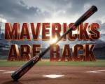 A viral, hyper-realistic YouTube thumbnail with a kinetic college baseball atmosphere. The background is a packed mountain-west stadium under dramatic gray winter clouds with sharp Rocky Mountain peaks in the distance and golden afternoon light cutting through. The composition uses a dramatic low angle to focus on the main subject: a gleaming black and red baseball bat planted firmly in the dirt like a sword. The image features massive 3D typography with strict hierarchy: The Primary Text reads exactly: 'MAVERICKS ARE BACK'. This text is massive, the largest element in the frame, rendered in molten chrome red with glowing edges to look like a high-budget 3D render. The Secondary Text reads exactly: '11-9 OPENING DAY THRILLER'. This text is significantly smaller, positioned below the main text. It features a thick white border with black outline sticker style to contrast against the background. Make sure text 2 is always different theme, style, effect and border compared to text 1. The text materials correspond to the story's concept. Crucial Instruction: There is absolutely NO other text, numbers, watermarks, or subtitles in this image other than these two specific lines. 8k, Unreal Engine 5, cinematic render