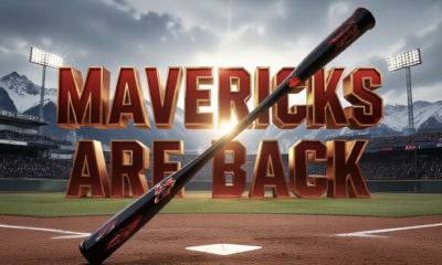 A viral, hyper-realistic YouTube thumbnail with a kinetic college baseball atmosphere. The background is a packed mountain-west stadium under dramatic gray winter clouds with sharp Rocky Mountain peaks in the distance and golden afternoon light cutting through. The composition uses a dramatic low angle to focus on the main subject: a gleaming black and red baseball bat planted firmly in the dirt like a sword. The image features massive 3D typography with strict hierarchy: The Primary Text reads exactly: 'MAVERICKS ARE BACK'. This text is massive, the largest element in the frame, rendered in molten chrome red with glowing edges to look like a high-budget 3D render. The Secondary Text reads exactly: '11-9 OPENING DAY THRILLER'. This text is significantly smaller, positioned below the main text. It features a thick white border with black outline sticker style to contrast against the background. Make sure text 2 is always different theme, style, effect and border compared to text 1. The text materials correspond to the story's concept. Crucial Instruction: There is absolutely NO other text, numbers, watermarks, or subtitles in this image other than these two specific lines. 8k, Unreal Engine 5, cinematic render