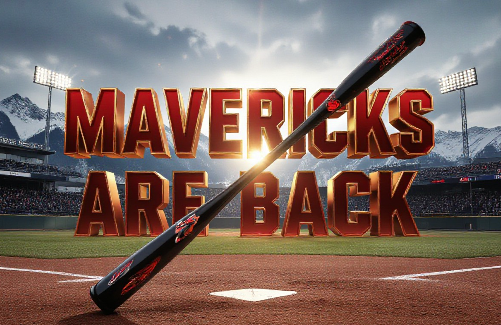 A viral, hyper-realistic YouTube thumbnail with a kinetic college baseball atmosphere. The background is a packed mountain-west stadium under dramatic gray winter clouds with sharp Rocky Mountain peaks in the distance and golden afternoon light cutting through. The composition uses a dramatic low angle to focus on the main subject: a gleaming black and red baseball bat planted firmly in the dirt like a sword. The image features massive 3D typography with strict hierarchy: The Primary Text reads exactly: 'MAVERICKS ARE BACK'. This text is massive, the largest element in the frame, rendered in molten chrome red with glowing edges to look like a high-budget 3D render. The Secondary Text reads exactly: '11-9 OPENING DAY THRILLER'. This text is significantly smaller, positioned below the main text. It features a thick white border with black outline sticker style to contrast against the background. Make sure text 2 is always different theme, style, effect and border compared to text 1. The text materials correspond to the story's concept. Crucial Instruction: There is absolutely NO other text, numbers, watermarks, or subtitles in this image other than these two specific lines. 8k, Unreal Engine 5, cinematic render