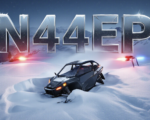 A viral, hyper-realistic YouTube thumbnail with a dark winter mountain atmosphere. The background is a snow-covered Rocky Mountain ridge at night with emergency lights flashing red and blue across fresh powder. The composition uses a dramatic low-angle shot to focus on the main subject: shattered carbon-fiber wreckage of an Epic E1000 half-buried in deep snow. The image features massive 3D typography with strict hierarchy: The Primary Text reads exactly: 'N44EP'. This text is massive, the largest element in the frame, rendered in frozen chrome with ice crystals to look like a high-budget 3D render. The Secondary Text reads exactly: 'CRASHED'. This text is significantly smaller, positioned below the tail number with thick glowing red outline and subtle fire sparks. 8k, Unreal Engine 5, cinematic rende