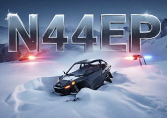 A viral, hyper-realistic YouTube thumbnail with a dark winter mountain atmosphere. The background is a snow-covered Rocky Mountain ridge at night with emergency lights flashing red and blue across fresh powder. The composition uses a dramatic low-angle shot to focus on the main subject: shattered carbon-fiber wreckage of an Epic E1000 half-buried in deep snow. The image features massive 3D typography with strict hierarchy: The Primary Text reads exactly: 'N44EP'. This text is massive, the largest element in the frame, rendered in frozen chrome with ice crystals to look like a high-budget 3D render. The Secondary Text reads exactly: 'CRASHED'. This text is significantly smaller, positioned below the tail number with thick glowing red outline and subtle fire sparks. 8k, Unreal Engine 5, cinematic rende