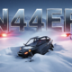 A viral, hyper-realistic YouTube thumbnail with a dark winter mountain atmosphere. The background is a snow-covered Rocky Mountain ridge at night with emergency lights flashing red and blue across fresh powder. The composition uses a dramatic low-angle shot to focus on the main subject: shattered carbon-fiber wreckage of an Epic E1000 half-buried in deep snow. The image features massive 3D typography with strict hierarchy: The Primary Text reads exactly: 'N44EP'. This text is massive, the largest element in the frame, rendered in frozen chrome with ice crystals to look like a high-budget 3D render. The Secondary Text reads exactly: 'CRASHED'. This text is significantly smaller, positioned below the tail number with thick glowing red outline and subtle fire sparks. 8k, Unreal Engine 5, cinematic rende
