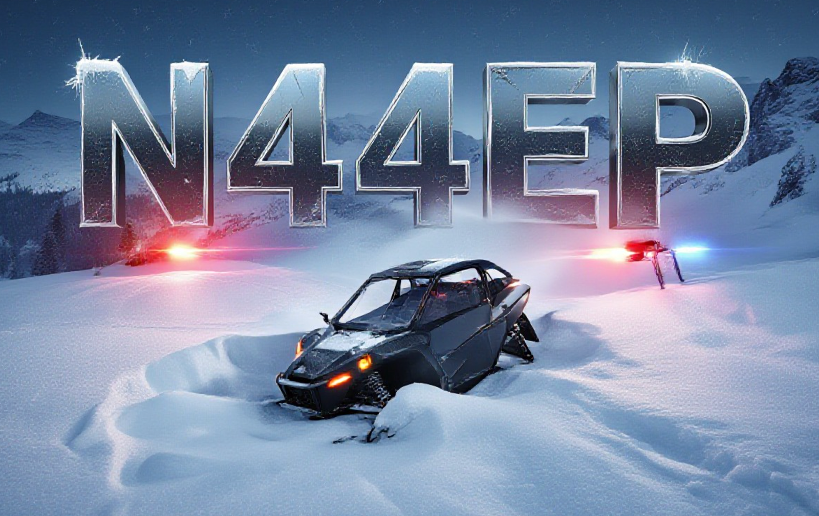 A viral, hyper-realistic YouTube thumbnail with a dark winter mountain atmosphere. The background is a snow-covered Rocky Mountain ridge at night with emergency lights flashing red and blue across fresh powder. The composition uses a dramatic low-angle shot to focus on the main subject: shattered carbon-fiber wreckage of an Epic E1000 half-buried in deep snow. The image features massive 3D typography with strict hierarchy: The Primary Text reads exactly: 'N44EP'. This text is massive, the largest element in the frame, rendered in frozen chrome with ice crystals to look like a high-budget 3D render. The Secondary Text reads exactly: 'CRASHED'. This text is significantly smaller, positioned below the tail number with thick glowing red outline and subtle fire sparks. 8k, Unreal Engine 5, cinematic rende