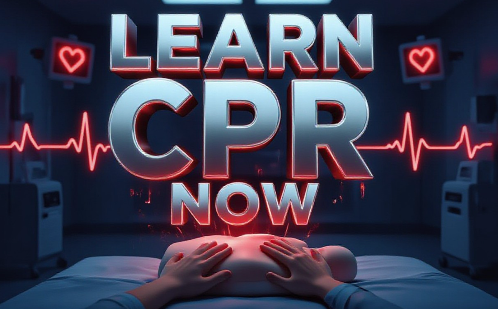 A viral, hyper-realistic YouTube thumbnail with a dramatic, life-or-death medical atmosphere. The background is a dark emergency room with red pulsing heart monitors and flashing AED lights. The composition uses a low-angle heroic shot to focus on the main subject: a glowing red CPR training mannequin torso being compressed by invisible hands. The image features massive 3D typography with strict hierarchy: The Primary Text reads exactly: 'LEARN CPR NOW'. This text is massive, the largest element in the frame, rendered in molten chrome with pulsing red glow to look like a high-budget 3D render. The Secondary Text reads exactly: 'OR LOSE SOMEONE FOREVER'. This text is significantly smaller, positioned below the main text. It features a thick white border with blood-red outline to contrast against the background. 8k, Unreal Engine 5, cinematic render