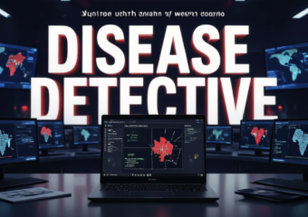 A viral, hyper-realistic YouTube thumbnail with a dramatic medical investigation atmosphere. The background is a dark public health operations room filled with glowing computer screens displaying disease maps of western Colorado and case reports, subtle red alert lights pulsing. The composition uses a low-angle cinematic shot to focus on the main subject: a sleek black laptop open to Colorado's EpiTrax system showing active case markers across Mesa County. The image features massive 3D typography with strict hierarchy: The Primary Text reads exactly: 'DISEASE DETECTIVE'. This text is massive, the largest element in the frame, rendered in chrome metallic with subtle red glowing edges to look like a high-budget 3D render. The Secondary Text reads exactly: 'Stops Outbreaks Daily'. This text is significantly smaller, positioned below the main text. It features a thick white border with red outline sticker style to contrast against the background. Make sure text 2 is always different theme, style, effect and border compared to text 1. The text materials correspond to the story's concept. Crucial Instruction: There is absolutely NO other text, numbers, watermarks, or subtitles in this image other than these two specific lines. 8k, Unreal Engine 5, cinematic render