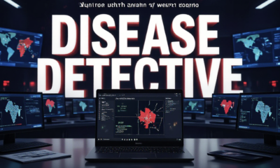 A viral, hyper-realistic YouTube thumbnail with a dramatic medical investigation atmosphere. The background is a dark public health operations room filled with glowing computer screens displaying disease maps of western Colorado and case reports, subtle red alert lights pulsing. The composition uses a low-angle cinematic shot to focus on the main subject: a sleek black laptop open to Colorado's EpiTrax system showing active case markers across Mesa County. The image features massive 3D typography with strict hierarchy: The Primary Text reads exactly: 'DISEASE DETECTIVE'. This text is massive, the largest element in the frame, rendered in chrome metallic with subtle red glowing edges to look like a high-budget 3D render. The Secondary Text reads exactly: 'Stops Outbreaks Daily'. This text is significantly smaller, positioned below the main text. It features a thick white border with red outline sticker style to contrast against the background. Make sure text 2 is always different theme, style, effect and border compared to text 1. The text materials correspond to the story's concept. Crucial Instruction: There is absolutely NO other text, numbers, watermarks, or subtitles in this image other than these two specific lines. 8k, Unreal Engine 5, cinematic render
