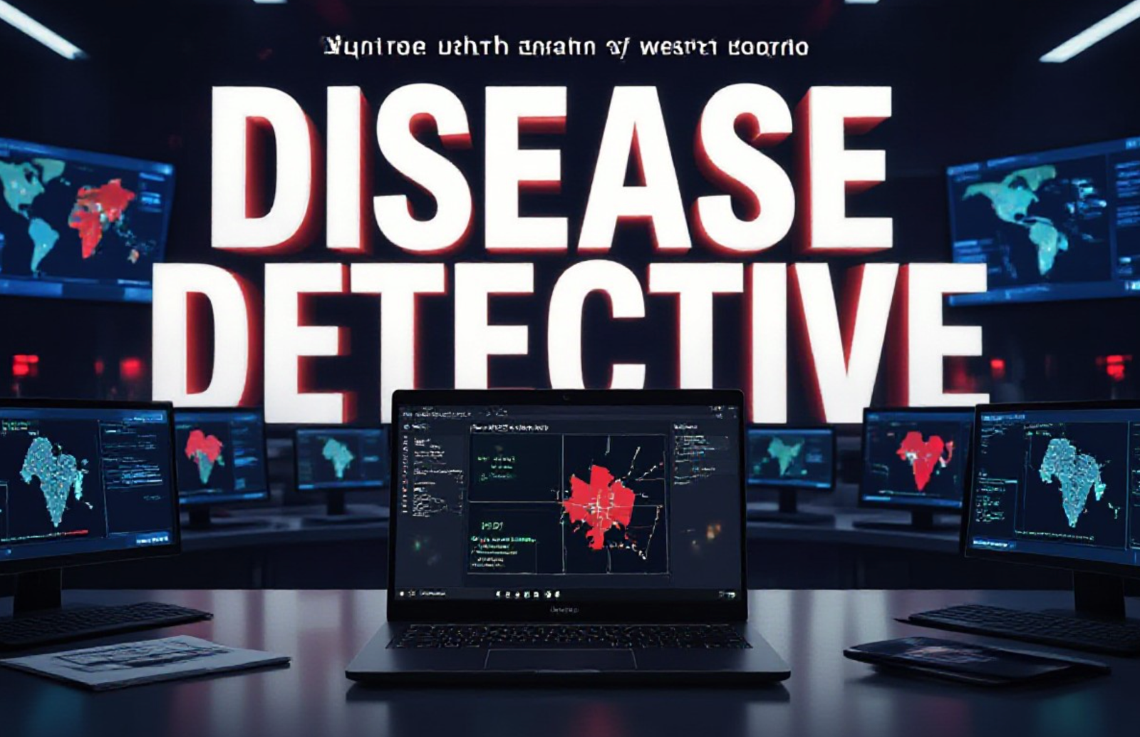 A viral, hyper-realistic YouTube thumbnail with a dramatic medical investigation atmosphere. The background is a dark public health operations room filled with glowing computer screens displaying disease maps of western Colorado and case reports, subtle red alert lights pulsing. The composition uses a low-angle cinematic shot to focus on the main subject: a sleek black laptop open to Colorado's EpiTrax system showing active case markers across Mesa County. The image features massive 3D typography with strict hierarchy: The Primary Text reads exactly: 'DISEASE DETECTIVE'. This text is massive, the largest element in the frame, rendered in chrome metallic with subtle red glowing edges to look like a high-budget 3D render. The Secondary Text reads exactly: 'Stops Outbreaks Daily'. This text is significantly smaller, positioned below the main text. It features a thick white border with red outline sticker style to contrast against the background. Make sure text 2 is always different theme, style, effect and border compared to text 1. The text materials correspond to the story's concept. Crucial Instruction: There is absolutely NO other text, numbers, watermarks, or subtitles in this image other than these two specific lines. 8k, Unreal Engine 5, cinematic render