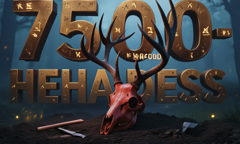 A viral, hyper-realistic YouTube thumbnail with a dark, mysterious archaeological atmosphere. The background is an ancient misty forest at twilight with faint glowing fireflies and subtle excavation lights. The composition uses a dramatic low angle to focus on the main subject: an intact red deer skull with massive antlers, carefully modified into a ritual headdress, resting on dark soil with small excavation tools nearby. The image features massive 3D typography with strict hierarchy: The Primary Text reads exactly: '7500-YEAR-OLD HEADDRESS'. This text is massive, rendered in ancient bronze with glowing runes and realistic patina. The Secondary Text reads exactly: 'FARMERS WORE THIS'. This text is smaller, positioned below with a thick crimson blood-like drip outline and cracked stone texture. 8k, Unreal Engine 5, cinematic render