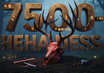A viral, hyper-realistic YouTube thumbnail with a dark, mysterious archaeological atmosphere. The background is an ancient misty forest at twilight with faint glowing fireflies and subtle excavation lights. The composition uses a dramatic low angle to focus on the main subject: an intact red deer skull with massive antlers, carefully modified into a ritual headdress, resting on dark soil with small excavation tools nearby. The image features massive 3D typography with strict hierarchy: The Primary Text reads exactly: '7500-YEAR-OLD HEADDRESS'. This text is massive, rendered in ancient bronze with glowing runes and realistic patina. The Secondary Text reads exactly: 'FARMERS WORE THIS'. This text is smaller, positioned below with a thick crimson blood-like drip outline and cracked stone texture. 8k, Unreal Engine 5, cinematic render
