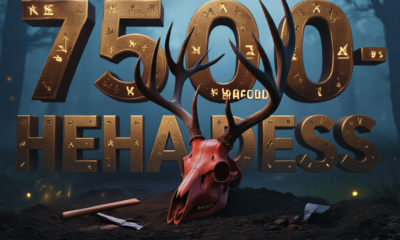 A viral, hyper-realistic YouTube thumbnail with a dark, mysterious archaeological atmosphere. The background is an ancient misty forest at twilight with faint glowing fireflies and subtle excavation lights. The composition uses a dramatic low angle to focus on the main subject: an intact red deer skull with massive antlers, carefully modified into a ritual headdress, resting on dark soil with small excavation tools nearby. The image features massive 3D typography with strict hierarchy: The Primary Text reads exactly: '7500-YEAR-OLD HEADDRESS'. This text is massive, rendered in ancient bronze with glowing runes and realistic patina. The Secondary Text reads exactly: 'FARMERS WORE THIS'. This text is smaller, positioned below with a thick crimson blood-like drip outline and cracked stone texture. 8k, Unreal Engine 5, cinematic render