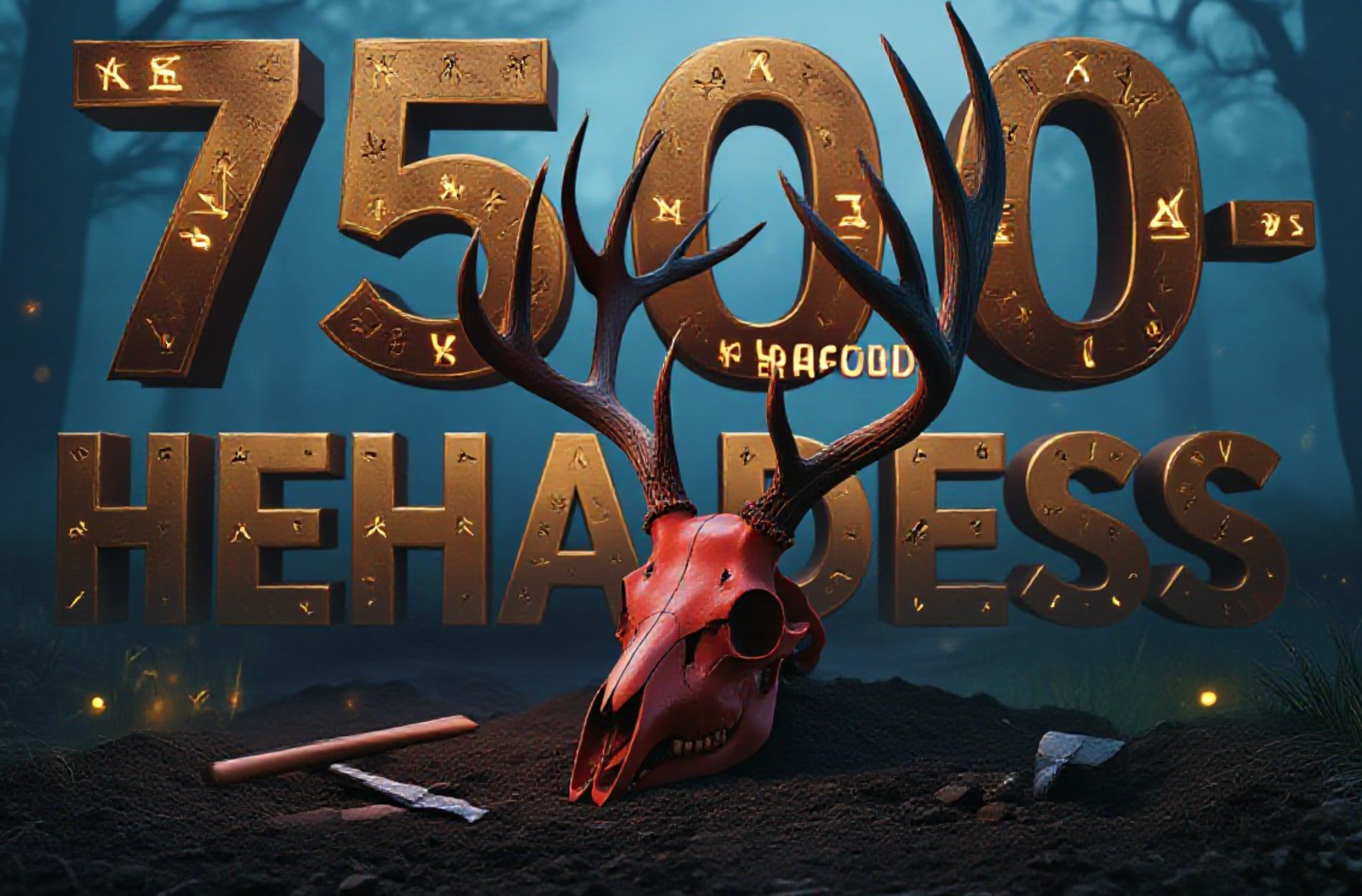 A viral, hyper-realistic YouTube thumbnail with a dark, mysterious archaeological atmosphere. The background is an ancient misty forest at twilight with faint glowing fireflies and subtle excavation lights. The composition uses a dramatic low angle to focus on the main subject: an intact red deer skull with massive antlers, carefully modified into a ritual headdress, resting on dark soil with small excavation tools nearby. The image features massive 3D typography with strict hierarchy: The Primary Text reads exactly: '7500-YEAR-OLD HEADDRESS'. This text is massive, rendered in ancient bronze with glowing runes and realistic patina. The Secondary Text reads exactly: 'FARMERS WORE THIS'. This text is smaller, positioned below with a thick crimson blood-like drip outline and cracked stone texture. 8k, Unreal Engine 5, cinematic render