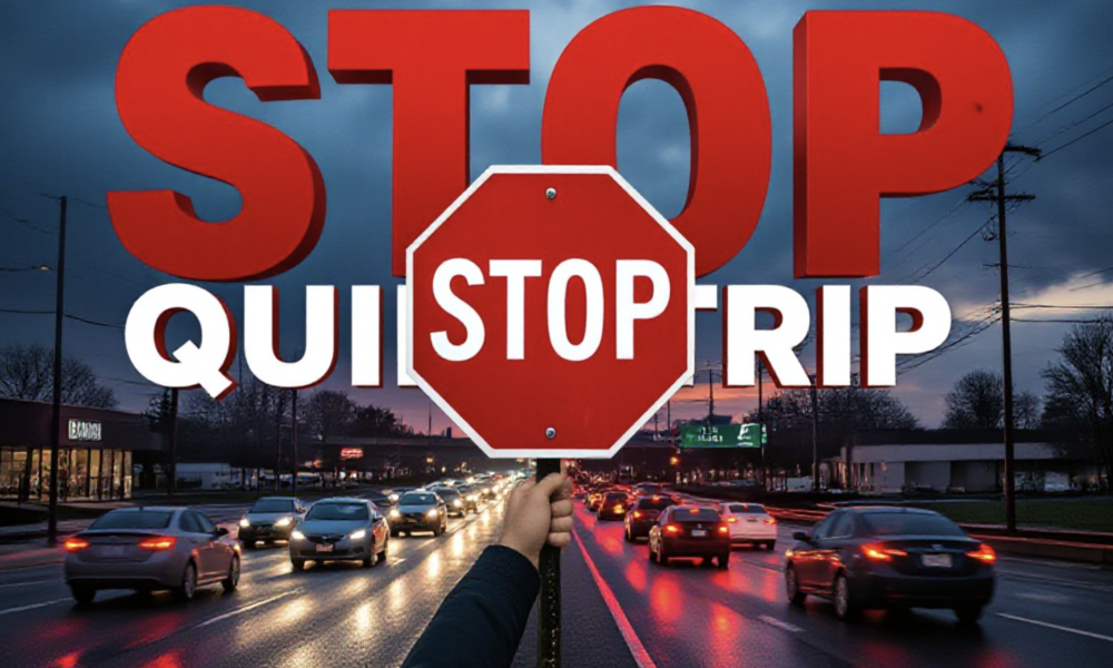 A viral, hyper-realistic YouTube thumbnail with a tense urban drama atmosphere. The background is a busy Fort Wayne intersection at dusk with heavy traffic backup on Coldwater Road, red brake lights stretching into the distance, wet pavement reflecting headlights and a looming storm sky. The composition uses a low dramatic camera angle to focus on the main subject: a large red STOP sign held high by an anonymous hand in the foreground. The image features massive 3D typography with strict hierarchy: The Primary Text reads exactly: 'STOP QUIKTRIP'. This text is massive, the largest element in the frame, rendered in bold crimson metallic letters with glowing edges like hot steel. The Secondary Text reads exactly: 'COLDWATER CHAOS'. This text is significantly smaller, positioned below the main text with a thick white outline and black shadow sticker style to pop against the dark background. The text materials correspond to the story's concept. Crucial Instruction: There is absolutely NO other text, numbers, watermarks, or subtitles in this image other than these two specific lines. 8k, Unreal Engine 5, cinematic render