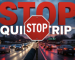 A viral, hyper-realistic YouTube thumbnail with a tense urban drama atmosphere. The background is a busy Fort Wayne intersection at dusk with heavy traffic backup on Coldwater Road, red brake lights stretching into the distance, wet pavement reflecting headlights and a looming storm sky. The composition uses a low dramatic camera angle to focus on the main subject: a large red STOP sign held high by an anonymous hand in the foreground. The image features massive 3D typography with strict hierarchy: The Primary Text reads exactly: 'STOP QUIKTRIP'. This text is massive, the largest element in the frame, rendered in bold crimson metallic letters with glowing edges like hot steel. The Secondary Text reads exactly: 'COLDWATER CHAOS'. This text is significantly smaller, positioned below the main text with a thick white outline and black shadow sticker style to pop against the dark background. The text materials correspond to the story's concept. Crucial Instruction: There is absolutely NO other text, numbers, watermarks, or subtitles in this image other than these two specific lines. 8k, Unreal Engine 5, cinematic render