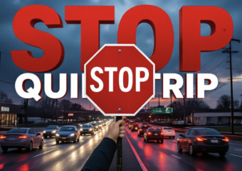 A viral, hyper-realistic YouTube thumbnail with a tense urban drama atmosphere. The background is a busy Fort Wayne intersection at dusk with heavy traffic backup on Coldwater Road, red brake lights stretching into the distance, wet pavement reflecting headlights and a looming storm sky. The composition uses a low dramatic camera angle to focus on the main subject: a large red STOP sign held high by an anonymous hand in the foreground. The image features massive 3D typography with strict hierarchy: The Primary Text reads exactly: 'STOP QUIKTRIP'. This text is massive, the largest element in the frame, rendered in bold crimson metallic letters with glowing edges like hot steel. The Secondary Text reads exactly: 'COLDWATER CHAOS'. This text is significantly smaller, positioned below the main text with a thick white outline and black shadow sticker style to pop against the dark background. The text materials correspond to the story's concept. Crucial Instruction: There is absolutely NO other text, numbers, watermarks, or subtitles in this image other than these two specific lines. 8k, Unreal Engine 5, cinematic render