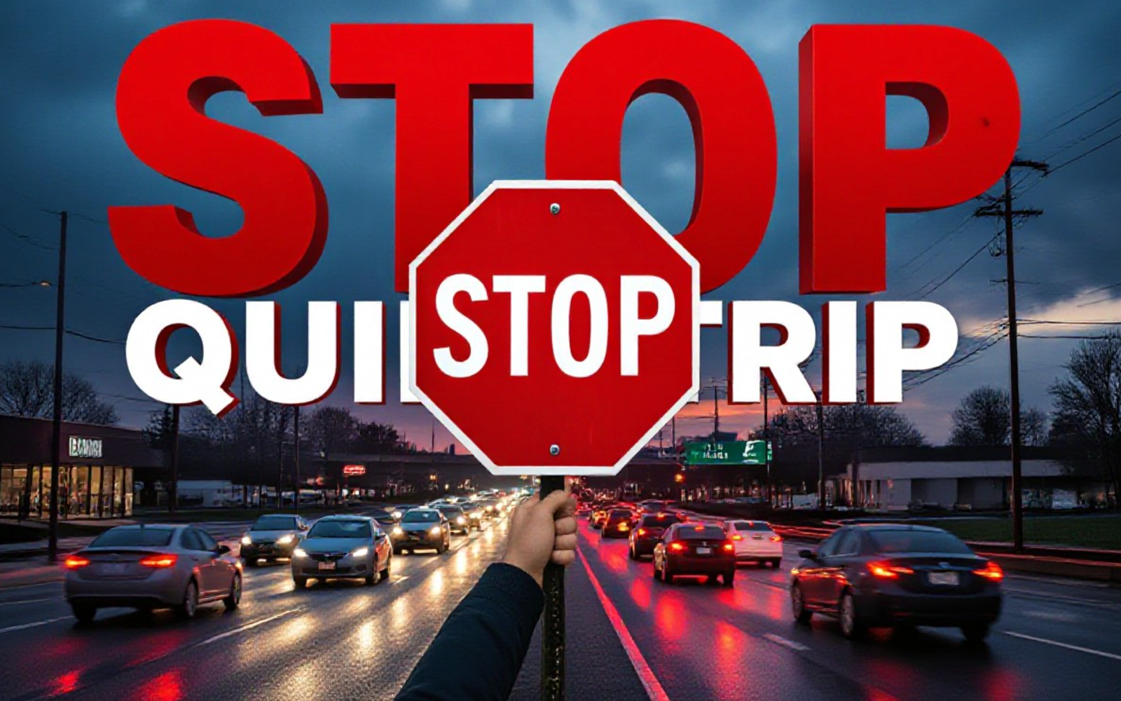 A viral, hyper-realistic YouTube thumbnail with a tense urban drama atmosphere. The background is a busy Fort Wayne intersection at dusk with heavy traffic backup on Coldwater Road, red brake lights stretching into the distance, wet pavement reflecting headlights and a looming storm sky. The composition uses a low dramatic camera angle to focus on the main subject: a large red STOP sign held high by an anonymous hand in the foreground. The image features massive 3D typography with strict hierarchy: The Primary Text reads exactly: 'STOP QUIKTRIP'. This text is massive, the largest element in the frame, rendered in bold crimson metallic letters with glowing edges like hot steel. The Secondary Text reads exactly: 'COLDWATER CHAOS'. This text is significantly smaller, positioned below the main text with a thick white outline and black shadow sticker style to pop against the dark background. The text materials correspond to the story's concept. Crucial Instruction: There is absolutely NO other text, numbers, watermarks, or subtitles in this image other than these two specific lines. 8k, Unreal Engine 5, cinematic render