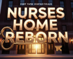 A viral, hyper-realistic YouTube thumbnail with a warm urban revival atmosphere. The background is a glowing Fort Wayne downtown street at golden hour with the majestic 1929 brick building dramatically restored and illuminated. The composition uses a low dramatic angle to focus on the main subject: a massive antique brass key floating above the grand entrance doors that are swinging open with golden light pouring out. The image features massive 3D typography with strict hierarchy: The Primary Text reads exactly: 'NURSES HOME REBORN'. This text is massive, the largest element in the frame, rendered in polished rose-gold chrome with subtle art-deco detailing to look like a high-budget 3D render. The Secondary Text reads exactly: 'Now Luxury Apartments'. This text is significantly smaller, positioned below the main text with a thick white sticker-style outline and slight drop shadow to pop against the warm background. Make sure text 2 has completely different style and effect from text 1. The text materials correspond to the story's concept. Crucial Instruction: There is absolutely NO other text, numbers, watermarks, or subtitles in this image other than these two specific lines. 8k, Unreal Engine 5, cinematic render