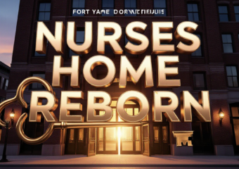 A viral, hyper-realistic YouTube thumbnail with a warm urban revival atmosphere. The background is a glowing Fort Wayne downtown street at golden hour with the majestic 1929 brick building dramatically restored and illuminated. The composition uses a low dramatic angle to focus on the main subject: a massive antique brass key floating above the grand entrance doors that are swinging open with golden light pouring out. The image features massive 3D typography with strict hierarchy: The Primary Text reads exactly: 'NURSES HOME REBORN'. This text is massive, the largest element in the frame, rendered in polished rose-gold chrome with subtle art-deco detailing to look like a high-budget 3D render. The Secondary Text reads exactly: 'Now Luxury Apartments'. This text is significantly smaller, positioned below the main text with a thick white sticker-style outline and slight drop shadow to pop against the warm background. Make sure text 2 has completely different style and effect from text 1. The text materials correspond to the story's concept. Crucial Instruction: There is absolutely NO other text, numbers, watermarks, or subtitles in this image other than these two specific lines. 8k, Unreal Engine 5, cinematic render