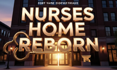 A viral, hyper-realistic YouTube thumbnail with a warm urban revival atmosphere. The background is a glowing Fort Wayne downtown street at golden hour with the majestic 1929 brick building dramatically restored and illuminated. The composition uses a low dramatic angle to focus on the main subject: a massive antique brass key floating above the grand entrance doors that are swinging open with golden light pouring out. The image features massive 3D typography with strict hierarchy: The Primary Text reads exactly: 'NURSES HOME REBORN'. This text is massive, the largest element in the frame, rendered in polished rose-gold chrome with subtle art-deco detailing to look like a high-budget 3D render. The Secondary Text reads exactly: 'Now Luxury Apartments'. This text is significantly smaller, positioned below the main text with a thick white sticker-style outline and slight drop shadow to pop against the warm background. Make sure text 2 has completely different style and effect from text 1. The text materials correspond to the story's concept. Crucial Instruction: There is absolutely NO other text, numbers, watermarks, or subtitles in this image other than these two specific lines. 8k, Unreal Engine 5, cinematic render