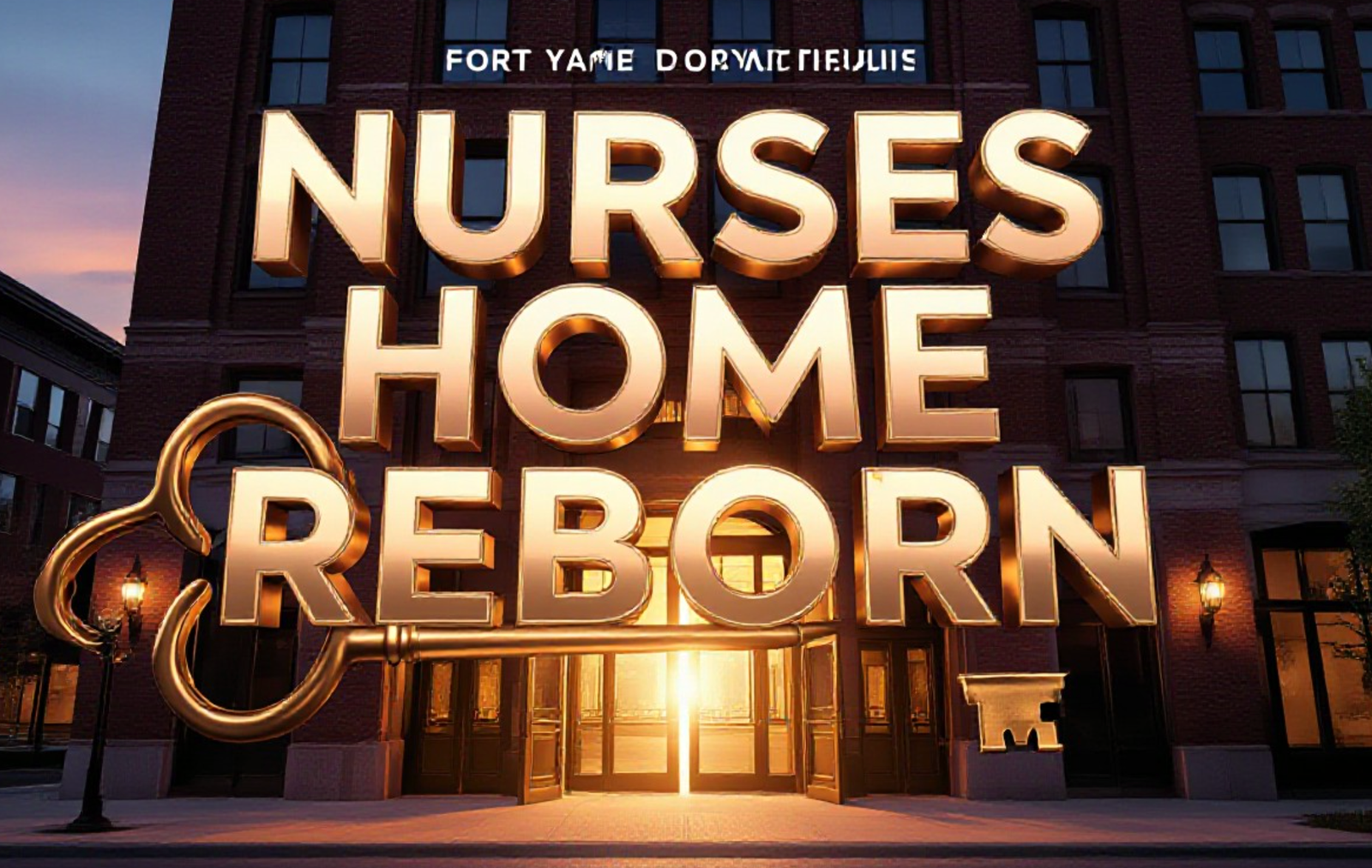 A viral, hyper-realistic YouTube thumbnail with a warm urban revival atmosphere. The background is a glowing Fort Wayne downtown street at golden hour with the majestic 1929 brick building dramatically restored and illuminated. The composition uses a low dramatic angle to focus on the main subject: a massive antique brass key floating above the grand entrance doors that are swinging open with golden light pouring out. The image features massive 3D typography with strict hierarchy: The Primary Text reads exactly: 'NURSES HOME REBORN'. This text is massive, the largest element in the frame, rendered in polished rose-gold chrome with subtle art-deco detailing to look like a high-budget 3D render. The Secondary Text reads exactly: 'Now Luxury Apartments'. This text is significantly smaller, positioned below the main text with a thick white sticker-style outline and slight drop shadow to pop against the warm background. Make sure text 2 has completely different style and effect from text 1. The text materials correspond to the story's concept. Crucial Instruction: There is absolutely NO other text, numbers, watermarks, or subtitles in this image other than these two specific lines. 8k, Unreal Engine 5, cinematic render