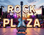 A viral, hyper-realistic YouTube thumbnail with a warm summer-night live music atmosphere. The background is the Allen County Public Library Plaza at golden hour packed with people on blankets and lawn chairs, colorful stage lights cutting through the sky. The composition uses a dramatic low-angle shot to focus on the main subject: a gleaming chrome electric guitar standing upright on the stage like a monument. The image features massive 3D typography with strict hierarchy: The Primary Text reads exactly: 'ROCK THE PLAZA'. This text is massive, the largest element in the frame, rendered in glowing neon-edged chrome with real-time light reflections to look like a high-budget 3D render. The Secondary Text reads exactly: 'FINAL SHOW EVER'. This text is significantly smaller, positioned below the main text with a thick red sticker-style outline and slight motion blur to contrast against the background. Make sure text 2 is always different theme, style, effect and border compared to text 1. The text materials correspond to the story's concept. Crucial Instruction: There is absolutely NO other text, numbers, watermarks, or subtitles in this image other than these two specific lines. 8k, Unreal Engine 5, cinematic render
