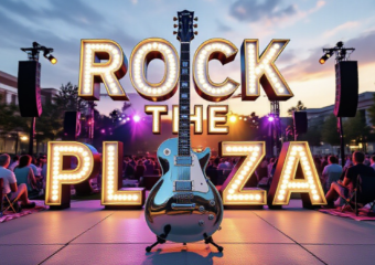 A viral, hyper-realistic YouTube thumbnail with a warm summer-night live music atmosphere. The background is the Allen County Public Library Plaza at golden hour packed with people on blankets and lawn chairs, colorful stage lights cutting through the sky. The composition uses a dramatic low-angle shot to focus on the main subject: a gleaming chrome electric guitar standing upright on the stage like a monument. The image features massive 3D typography with strict hierarchy: The Primary Text reads exactly: 'ROCK THE PLAZA'. This text is massive, the largest element in the frame, rendered in glowing neon-edged chrome with real-time light reflections to look like a high-budget 3D render. The Secondary Text reads exactly: 'FINAL SHOW EVER'. This text is significantly smaller, positioned below the main text with a thick red sticker-style outline and slight motion blur to contrast against the background. Make sure text 2 is always different theme, style, effect and border compared to text 1. The text materials correspond to the story's concept. Crucial Instruction: There is absolutely NO other text, numbers, watermarks, or subtitles in this image other than these two specific lines. 8k, Unreal Engine 5, cinematic render