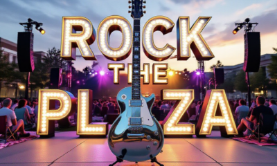 A viral, hyper-realistic YouTube thumbnail with a warm summer-night live music atmosphere. The background is the Allen County Public Library Plaza at golden hour packed with people on blankets and lawn chairs, colorful stage lights cutting through the sky. The composition uses a dramatic low-angle shot to focus on the main subject: a gleaming chrome electric guitar standing upright on the stage like a monument. The image features massive 3D typography with strict hierarchy: The Primary Text reads exactly: 'ROCK THE PLAZA'. This text is massive, the largest element in the frame, rendered in glowing neon-edged chrome with real-time light reflections to look like a high-budget 3D render. The Secondary Text reads exactly: 'FINAL SHOW EVER'. This text is significantly smaller, positioned below the main text with a thick red sticker-style outline and slight motion blur to contrast against the background. Make sure text 2 is always different theme, style, effect and border compared to text 1. The text materials correspond to the story's concept. Crucial Instruction: There is absolutely NO other text, numbers, watermarks, or subtitles in this image other than these two specific lines. 8k, Unreal Engine 5, cinematic render