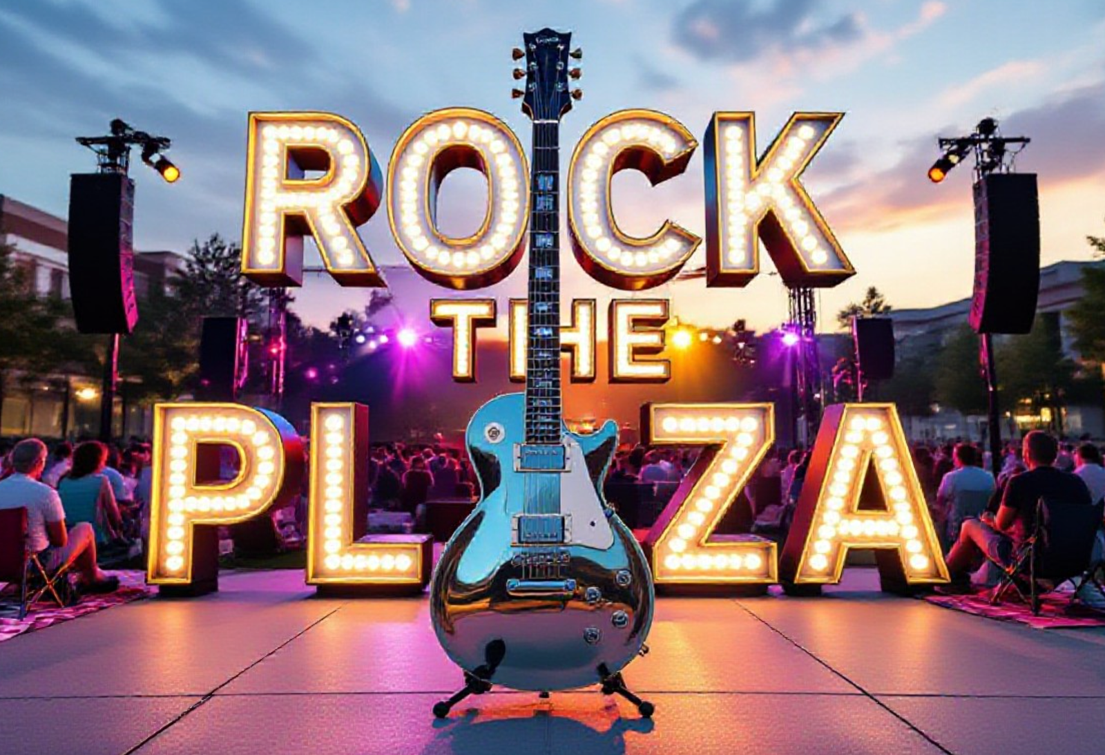 A viral, hyper-realistic YouTube thumbnail with a warm summer-night live music atmosphere. The background is the Allen County Public Library Plaza at golden hour packed with people on blankets and lawn chairs, colorful stage lights cutting through the sky. The composition uses a dramatic low-angle shot to focus on the main subject: a gleaming chrome electric guitar standing upright on the stage like a monument. The image features massive 3D typography with strict hierarchy: The Primary Text reads exactly: 'ROCK THE PLAZA'. This text is massive, the largest element in the frame, rendered in glowing neon-edged chrome with real-time light reflections to look like a high-budget 3D render. The Secondary Text reads exactly: 'FINAL SHOW EVER'. This text is significantly smaller, positioned below the main text with a thick red sticker-style outline and slight motion blur to contrast against the background. Make sure text 2 is always different theme, style, effect and border compared to text 1. The text materials correspond to the story's concept. Crucial Instruction: There is absolutely NO other text, numbers, watermarks, or subtitles in this image other than these two specific lines. 8k, Unreal Engine 5, cinematic render