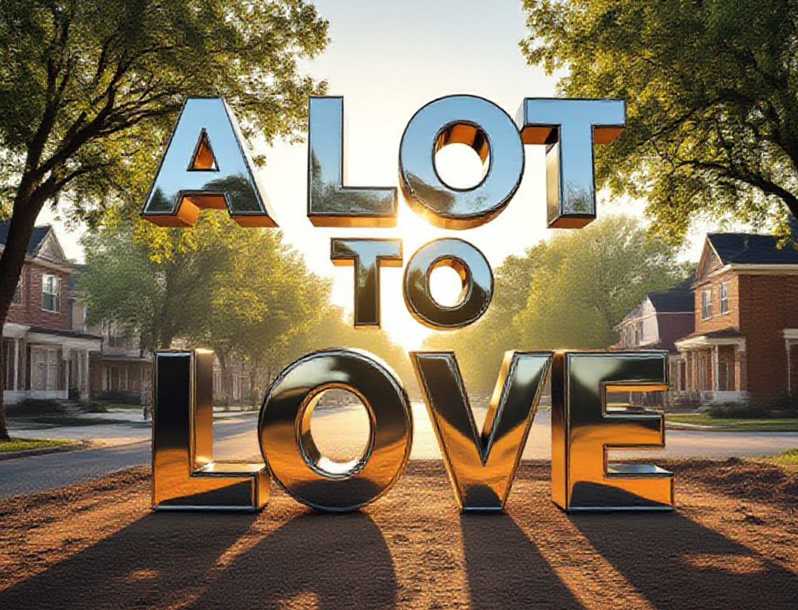 A viral, hyper-realistic YouTube thumbnail with a gritty urban-renewal atmosphere. The background is a tree-lined Fort Wayne street at golden hour with vacant lots transforming into brand-new affordable homes under construction, warm sunlight cutting through mature oaks. The composition uses a dramatic low-angle shot to focus on the main subject: a gleaming oversized house key made of polished chrome floating above a dirt lot with fresh foundation poured. The image features massive 3D typography with strict hierarchy: The Primary Text reads exactly: 'A LOT TO LOVE'. This text is massive, the largest element in the frame, rendered in shiny chrome with realistic reflections to look like a high-budget 3D render. The Secondary Text reads exactly: 'PHASE 2 NOW OPEN'. This text is significantly smaller, positioned below the main text with a bold red sticker-style outline and slight drop shadow to pop against the sky. The text materials correspond to the story's concept. Crucial Instruction: There is absolutely NO other text, numbers, watermarks, or subtitles in this image other than these two specific lines. 8k, Unreal Engine 5, cinematic render