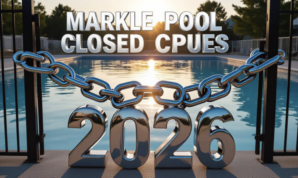 A viral, hyper-realistic YouTube thumbnail with a bittersweet summer vibe atmosphere. The background is a beautiful but empty small-town swimming pool at golden hour, water perfectly still, late-summer sunlight sparkling on the surface. The composition uses a dramatic low-angle shot from the deep end looking toward the locked front gate. The main subject: a massive, gleaming chrome 3D chain and padlock wrapped around the gate. The image features massive 3D typography with strict hierarchy: The Primary Text reads exactly: 'MARKLE POOL CLOSED 2026'. This text is massive, the largest element in the frame, rendered in polished chrome metal with realistic reflections of the pool water. The Secondary Text reads exactly: 'BIG RENOVATIONS COMING'. This text is significantly smaller, positioned below the main text with a thick electric-blue glowing outline and subtle motion blur to make it pop against the warm sunset sky. 8k, Unreal Engine 5, cinematic render