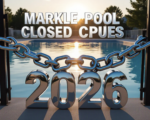 A viral, hyper-realistic YouTube thumbnail with a bittersweet summer vibe atmosphere. The background is a beautiful but empty small-town swimming pool at golden hour, water perfectly still, late-summer sunlight sparkling on the surface. The composition uses a dramatic low-angle shot from the deep end looking toward the locked front gate. The main subject: a massive, gleaming chrome 3D chain and padlock wrapped around the gate. The image features massive 3D typography with strict hierarchy: The Primary Text reads exactly: 'MARKLE POOL CLOSED 2026'. This text is massive, the largest element in the frame, rendered in polished chrome metal with realistic reflections of the pool water. The Secondary Text reads exactly: 'BIG RENOVATIONS COMING'. This text is significantly smaller, positioned below the main text with a thick electric-blue glowing outline and subtle motion blur to make it pop against the warm sunset sky. 8k, Unreal Engine 5, cinematic render