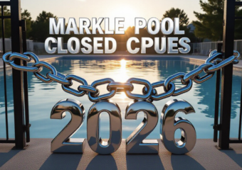 A viral, hyper-realistic YouTube thumbnail with a bittersweet summer vibe atmosphere. The background is a beautiful but empty small-town swimming pool at golden hour, water perfectly still, late-summer sunlight sparkling on the surface. The composition uses a dramatic low-angle shot from the deep end looking toward the locked front gate. The main subject: a massive, gleaming chrome 3D chain and padlock wrapped around the gate. The image features massive 3D typography with strict hierarchy: The Primary Text reads exactly: 'MARKLE POOL CLOSED 2026'. This text is massive, the largest element in the frame, rendered in polished chrome metal with realistic reflections of the pool water. The Secondary Text reads exactly: 'BIG RENOVATIONS COMING'. This text is significantly smaller, positioned below the main text with a thick electric-blue glowing outline and subtle motion blur to make it pop against the warm sunset sky. 8k, Unreal Engine 5, cinematic render
