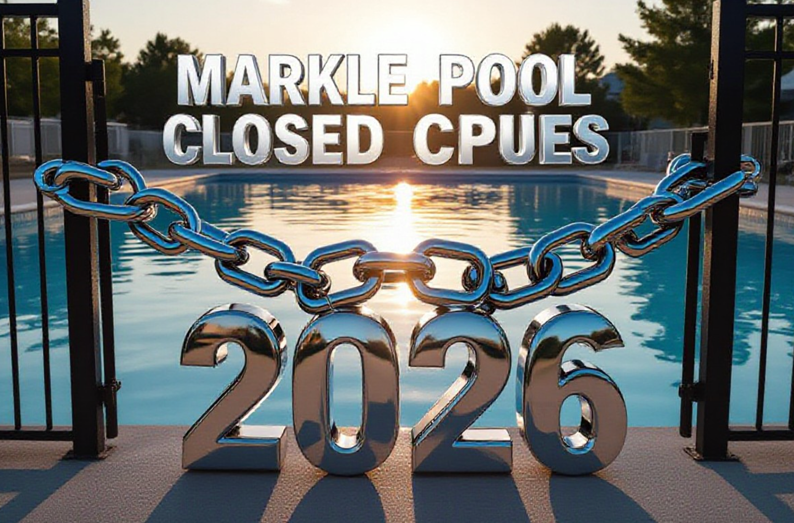 A viral, hyper-realistic YouTube thumbnail with a bittersweet summer vibe atmosphere. The background is a beautiful but empty small-town swimming pool at golden hour, water perfectly still, late-summer sunlight sparkling on the surface. The composition uses a dramatic low-angle shot from the deep end looking toward the locked front gate. The main subject: a massive, gleaming chrome 3D chain and padlock wrapped around the gate. The image features massive 3D typography with strict hierarchy: The Primary Text reads exactly: 'MARKLE POOL CLOSED 2026'. This text is massive, the largest element in the frame, rendered in polished chrome metal with realistic reflections of the pool water. The Secondary Text reads exactly: 'BIG RENOVATIONS COMING'. This text is significantly smaller, positioned below the main text with a thick electric-blue glowing outline and subtle motion blur to make it pop against the warm sunset sky. 8k, Unreal Engine 5, cinematic render