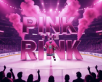 A viral, hyper-realistic YouTube thumbnail with a kinetic, high-energy ice hockey atmosphere. The background is a packed Colorado arena bathed in dramatic hot pink and purple lighting with pink smoke swirling above the ice. The composition uses a low-angle heroic shot to focus on the main subject: a gleaming pink hockey jersey hanging in mid-air as if just thrown to the crowd. The image features massive 3D typography with strict hierarchy: The Primary Text reads exactly: 'PINK THE RINK'. This text is massive, the largest element in the frame, rendered in liquid chrome pink metal with glowing edges to look like a high-budget 3D render. The Secondary Text reads exactly: 'RECORD NIGHT'. This text is significantly smaller, positioned below the main text with a bold white fill and thick electric blue outline in sticker style to pop hard against the background. The text materials correspond to the story's concept. Crucial Instruction: There is absolutely NO other text, numbers, watermarks, or subtitles in this image other than these two specific lines. 8k, Unreal Engine 5, cinematic rende