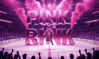 A viral, hyper-realistic YouTube thumbnail with a kinetic, high-energy ice hockey atmosphere. The background is a packed Colorado arena bathed in dramatic hot pink and purple lighting with pink smoke swirling above the ice. The composition uses a low-angle heroic shot to focus on the main subject: a gleaming pink hockey jersey hanging in mid-air as if just thrown to the crowd. The image features massive 3D typography with strict hierarchy: The Primary Text reads exactly: 'PINK THE RINK'. This text is massive, the largest element in the frame, rendered in liquid chrome pink metal with glowing edges to look like a high-budget 3D render. The Secondary Text reads exactly: 'RECORD NIGHT'. This text is significantly smaller, positioned below the main text with a bold white fill and thick electric blue outline in sticker style to pop hard against the background. The text materials correspond to the story's concept. Crucial Instruction: There is absolutely NO other text, numbers, watermarks, or subtitles in this image other than these two specific lines. 8k, Unreal Engine 5, cinematic rende