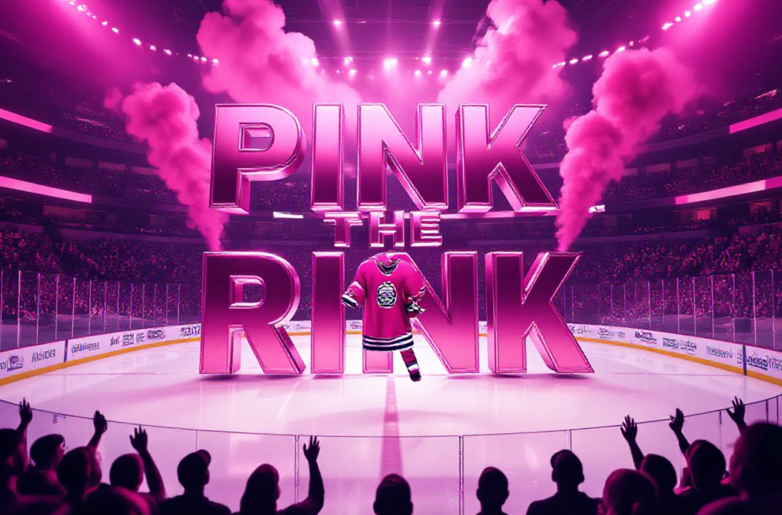 A viral, hyper-realistic YouTube thumbnail with a kinetic, high-energy ice hockey atmosphere. The background is a packed Colorado arena bathed in dramatic hot pink and purple lighting with pink smoke swirling above the ice. The composition uses a low-angle heroic shot to focus on the main subject: a gleaming pink hockey jersey hanging in mid-air as if just thrown to the crowd. The image features massive 3D typography with strict hierarchy: The Primary Text reads exactly: 'PINK THE RINK'. This text is massive, the largest element in the frame, rendered in liquid chrome pink metal with glowing edges to look like a high-budget 3D render. The Secondary Text reads exactly: 'RECORD NIGHT'. This text is significantly smaller, positioned below the main text with a bold white fill and thick electric blue outline in sticker style to pop hard against the background. The text materials correspond to the story's concept. Crucial Instruction: There is absolutely NO other text, numbers, watermarks, or subtitles in this image other than these two specific lines. 8k, Unreal Engine 5, cinematic rende