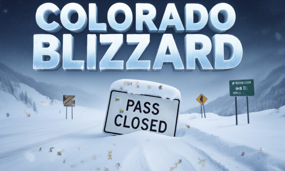 A viral, hyper-realistic YouTube thumbnail with a dramatic winter blizzard atmosphere. The background is a completely white-out scene on Red Mountain Pass with swirling snow and zero visibility, massive snowdrifts burying highway signs. The composition uses a low-angle dashcam perspective to focus on the main subject: a buried CDOT highway sign reading "PASS CLOSED" half-covered in blowing snow. The image features massive 3D typography with strict hierarchy: The Primary Text reads exactly: 'COLORADO BLIZZARD'. This text is massive, the largest element in the frame, rendered in ice-blue chrome with frozen frost effects to look like a high-budget 3D render. The Secondary Text reads exactly: '3 FEET SNOW'. This text is significantly smaller, positioned below the main text. It features a thick, bright orange border/outline (sticker style) to contrast against the white background. Make sure text 2 is always different theme, style, effect and border compared to text 1. The text materials correspond to the story's concept. Crucial Instruction: There is absolutely NO other text, numbers, watermarks, or subtitles in this image other than these two specific lines. 8k, Unreal Engine 5, cinematic render