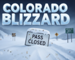 A viral, hyper-realistic YouTube thumbnail with a dramatic winter blizzard atmosphere. The background is a completely white-out scene on Red Mountain Pass with swirling snow and zero visibility, massive snowdrifts burying highway signs. The composition uses a low-angle dashcam perspective to focus on the main subject: a buried CDOT highway sign reading "PASS CLOSED" half-covered in blowing snow. The image features massive 3D typography with strict hierarchy: The Primary Text reads exactly: 'COLORADO BLIZZARD'. This text is massive, the largest element in the frame, rendered in ice-blue chrome with frozen frost effects to look like a high-budget 3D render. The Secondary Text reads exactly: '3 FEET SNOW'. This text is significantly smaller, positioned below the main text. It features a thick, bright orange border/outline (sticker style) to contrast against the white background. Make sure text 2 is always different theme, style, effect and border compared to text 1. The text materials correspond to the story's concept. Crucial Instruction: There is absolutely NO other text, numbers, watermarks, or subtitles in this image other than these two specific lines. 8k, Unreal Engine 5, cinematic render