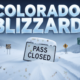 A viral, hyper-realistic YouTube thumbnail with a dramatic winter blizzard atmosphere. The background is a completely white-out scene on Red Mountain Pass with swirling snow and zero visibility, massive snowdrifts burying highway signs. The composition uses a low-angle dashcam perspective to focus on the main subject: a buried CDOT highway sign reading "PASS CLOSED" half-covered in blowing snow. The image features massive 3D typography with strict hierarchy: The Primary Text reads exactly: 'COLORADO BLIZZARD'. This text is massive, the largest element in the frame, rendered in ice-blue chrome with frozen frost effects to look like a high-budget 3D render. The Secondary Text reads exactly: '3 FEET SNOW'. This text is significantly smaller, positioned below the main text. It features a thick, bright orange border/outline (sticker style) to contrast against the white background. Make sure text 2 is always different theme, style, effect and border compared to text 1. The text materials correspond to the story's concept. Crucial Instruction: There is absolutely NO other text, numbers, watermarks, or subtitles in this image other than these two specific lines. 8k, Unreal Engine 5, cinematic render