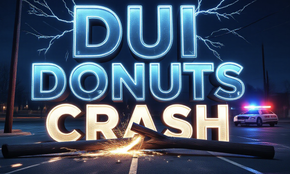 A viral, hyper-realistic YouTube thumbnail with a dramatic night crime vibe atmosphere. The background is a dark Grand Junction parking lot on Valentine’s Day night with knocked-over utility pole, downed power lines sparking blue electricity, police lights flashing red and blue. The composition uses a low-angle dramatic shot to focus on the main subject: a broken wooden utility pole snapped in half with sparks flying. The image features massive 3D typography with strict hierarchy: The Primary Text reads exactly: 'DUI DONUTS CRASH'. This text is massive, the largest element in the frame, rendered in glowing blue electric chrome to look like a high-budget 3D render. The Secondary Text reads exactly: 'Power Outage Chaos'. This text is significantly smaller, positioned below the main text. It features a thick, red warning-style border/outline to contrast against the dark background. Make sure text 2 is always different theme, style, effect and border compared to text 1. The text materials correspond to the story's concept. Crucial Instruction: There is absolutely NO other text, numbers, watermarks, or subtitles in this image other than these two specific lines. 8k, Unreal Engine 5, cinematic render
