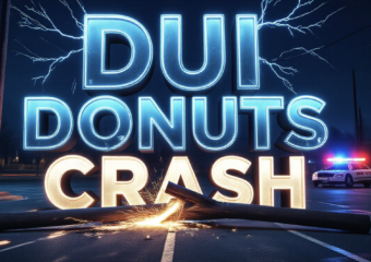 A viral, hyper-realistic YouTube thumbnail with a dramatic night crime vibe atmosphere. The background is a dark Grand Junction parking lot on Valentine’s Day night with knocked-over utility pole, downed power lines sparking blue electricity, police lights flashing red and blue. The composition uses a low-angle dramatic shot to focus on the main subject: a broken wooden utility pole snapped in half with sparks flying. The image features massive 3D typography with strict hierarchy: The Primary Text reads exactly: 'DUI DONUTS CRASH'. This text is massive, the largest element in the frame, rendered in glowing blue electric chrome to look like a high-budget 3D render. The Secondary Text reads exactly: 'Power Outage Chaos'. This text is significantly smaller, positioned below the main text. It features a thick, red warning-style border/outline to contrast against the dark background. Make sure text 2 is always different theme, style, effect and border compared to text 1. The text materials correspond to the story's concept. Crucial Instruction: There is absolutely NO other text, numbers, watermarks, or subtitles in this image other than these two specific lines. 8k, Unreal Engine 5, cinematic render