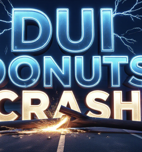 A viral, hyper-realistic YouTube thumbnail with a dramatic night crime vibe atmosphere. The background is a dark Grand Junction parking lot on Valentine’s Day night with knocked-over utility pole, downed power lines sparking blue electricity, police lights flashing red and blue. The composition uses a low-angle dramatic shot to focus on the main subject: a broken wooden utility pole snapped in half with sparks flying. The image features massive 3D typography with strict hierarchy: The Primary Text reads exactly: 'DUI DONUTS CRASH'. This text is massive, the largest element in the frame, rendered in glowing blue electric chrome to look like a high-budget 3D render. The Secondary Text reads exactly: 'Power Outage Chaos'. This text is significantly smaller, positioned below the main text. It features a thick, red warning-style border/outline to contrast against the dark background. Make sure text 2 is always different theme, style, effect and border compared to text 1. The text materials correspond to the story's concept. Crucial Instruction: There is absolutely NO other text, numbers, watermarks, or subtitles in this image other than these two specific lines. 8k, Unreal Engine 5, cinematic render