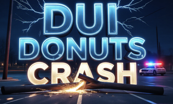 A viral, hyper-realistic YouTube thumbnail with a dramatic night crime vibe atmosphere. The background is a dark Grand Junction parking lot on Valentine’s Day night with knocked-over utility pole, downed power lines sparking blue electricity, police lights flashing red and blue. The composition uses a low-angle dramatic shot to focus on the main subject: a broken wooden utility pole snapped in half with sparks flying. The image features massive 3D typography with strict hierarchy: The Primary Text reads exactly: 'DUI DONUTS CRASH'. This text is massive, the largest element in the frame, rendered in glowing blue electric chrome to look like a high-budget 3D render. The Secondary Text reads exactly: 'Power Outage Chaos'. This text is significantly smaller, positioned below the main text. It features a thick, red warning-style border/outline to contrast against the dark background. Make sure text 2 is always different theme, style, effect and border compared to text 1. The text materials correspond to the story's concept. Crucial Instruction: There is absolutely NO other text, numbers, watermarks, or subtitles in this image other than these two specific lines. 8k, Unreal Engine 5, cinematic render