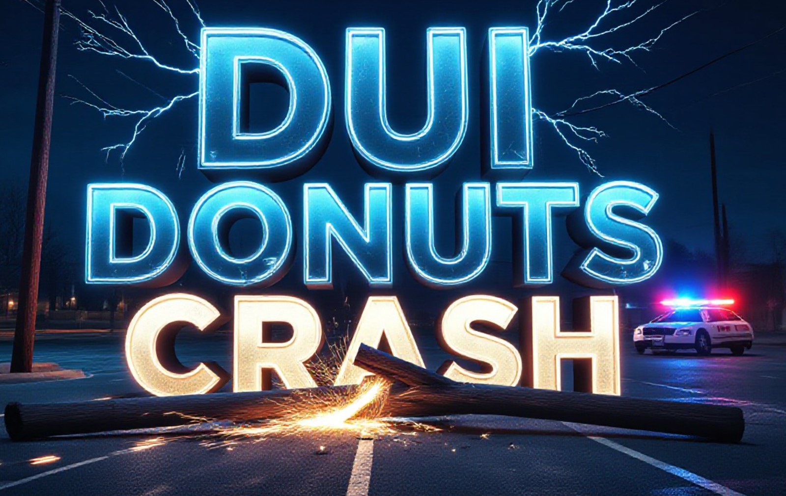 A viral, hyper-realistic YouTube thumbnail with a dramatic night crime vibe atmosphere. The background is a dark Grand Junction parking lot on Valentine’s Day night with knocked-over utility pole, downed power lines sparking blue electricity, police lights flashing red and blue. The composition uses a low-angle dramatic shot to focus on the main subject: a broken wooden utility pole snapped in half with sparks flying. The image features massive 3D typography with strict hierarchy: The Primary Text reads exactly: 'DUI DONUTS CRASH'. This text is massive, the largest element in the frame, rendered in glowing blue electric chrome to look like a high-budget 3D render. The Secondary Text reads exactly: 'Power Outage Chaos'. This text is significantly smaller, positioned below the main text. It features a thick, red warning-style border/outline to contrast against the dark background. Make sure text 2 is always different theme, style, effect and border compared to text 1. The text materials correspond to the story's concept. Crucial Instruction: There is absolutely NO other text, numbers, watermarks, or subtitles in this image other than these two specific lines. 8k, Unreal Engine 5, cinematic render