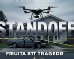 A viral, hyper-realistic YouTube thumbnail with a Crime/News atmosphere. The background is a suburban street scene with yellow police tape and a crashed sedan partially inside a house with overcast lighting. The composition uses a Low Angle to focus on the main subject: a Police Drone hovering in mid-air. The image features massive 3D typography with strict hierarchy: The Primary Text reads exactly: 'STANDOFF'. This text is massive, the largest element in the frame, rendered in Chrome to look like a high-budget 3D render. The Secondary Text reads exactly: 'FRUITA TRAGEDY'. This text is significantly smaller, positioned below or next to the main text. It features a thick, distinct color border/outline (sticker style) to contrast against the background. Make sure text 2 is always different theme, style, effect and border compared to text 1.