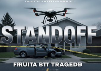 A viral, hyper-realistic YouTube thumbnail with a Crime/News atmosphere. The background is a suburban street scene with yellow police tape and a crashed sedan partially inside a house with overcast lighting. The composition uses a Low Angle to focus on the main subject: a Police Drone hovering in mid-air. The image features massive 3D typography with strict hierarchy: The Primary Text reads exactly: 'STANDOFF'. This text is massive, the largest element in the frame, rendered in Chrome to look like a high-budget 3D render. The Secondary Text reads exactly: 'FRUITA TRAGEDY'. This text is significantly smaller, positioned below or next to the main text. It features a thick, distinct color border/outline (sticker style) to contrast against the background. Make sure text 2 is always different theme, style, effect and border compared to text 1.