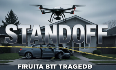 A viral, hyper-realistic YouTube thumbnail with a Crime/News atmosphere. The background is a suburban street scene with yellow police tape and a crashed sedan partially inside a house with overcast lighting. The composition uses a Low Angle to focus on the main subject: a Police Drone hovering in mid-air. The image features massive 3D typography with strict hierarchy: The Primary Text reads exactly: 'STANDOFF'. This text is massive, the largest element in the frame, rendered in Chrome to look like a high-budget 3D render. The Secondary Text reads exactly: 'FRUITA TRAGEDY'. This text is significantly smaller, positioned below or next to the main text. It features a thick, distinct color border/outline (sticker style) to contrast against the background. Make sure text 2 is always different theme, style, effect and border compared to text 1.