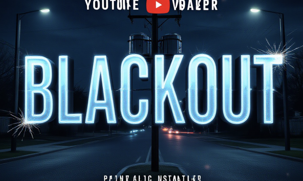 A viral, hyper-realistic YouTube thumbnail with a Cinematic/Mystery atmosphere. The background is a Dark Suburban Street at Night with streetlights off, illuminated only by faint moonlight and distant car headlights. The composition uses a Low Angle to focus on the main subject: a detailed Electrical Transformer on a Pole. The image features massive 3D typography with strict hierarchy: The Primary Text reads exactly: 'BLACKOUT'. This text is massive, the largest element in the frame, rendered in Neon Blue with Electric Sparks to look like a high-budget 3D render. The Secondary Text reads exactly: 'NO ANSWERS YET'. This text is significantly smaller, positioned below or next to the main text. It features a thick, distinct color border/outline (sticker style) to contrast against the background. Make sure text 2 is always different theme, style, effect and border compared to text 1.