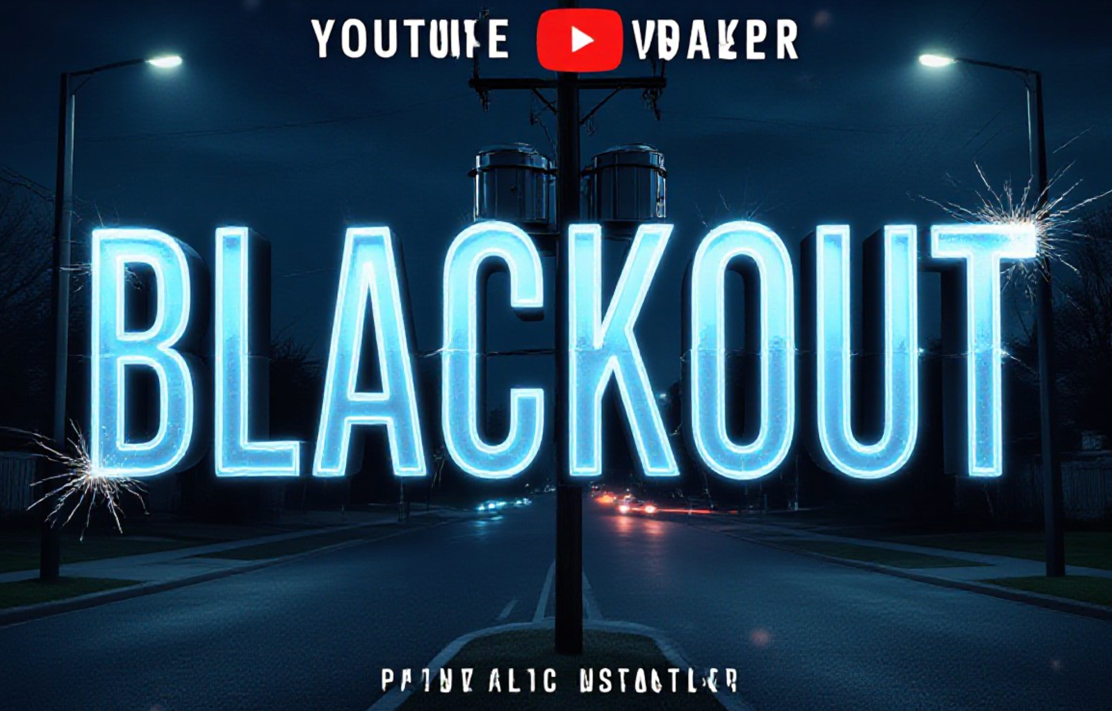 A viral, hyper-realistic YouTube thumbnail with a Cinematic/Mystery atmosphere. The background is a Dark Suburban Street at Night with streetlights off, illuminated only by faint moonlight and distant car headlights. The composition uses a Low Angle to focus on the main subject: a detailed Electrical Transformer on a Pole. The image features massive 3D typography with strict hierarchy: The Primary Text reads exactly: 'BLACKOUT'. This text is massive, the largest element in the frame, rendered in Neon Blue with Electric Sparks to look like a high-budget 3D render. The Secondary Text reads exactly: 'NO ANSWERS YET'. This text is significantly smaller, positioned below or next to the main text. It features a thick, distinct color border/outline (sticker style) to contrast against the background. Make sure text 2 is always different theme, style, effect and border compared to text 1.
